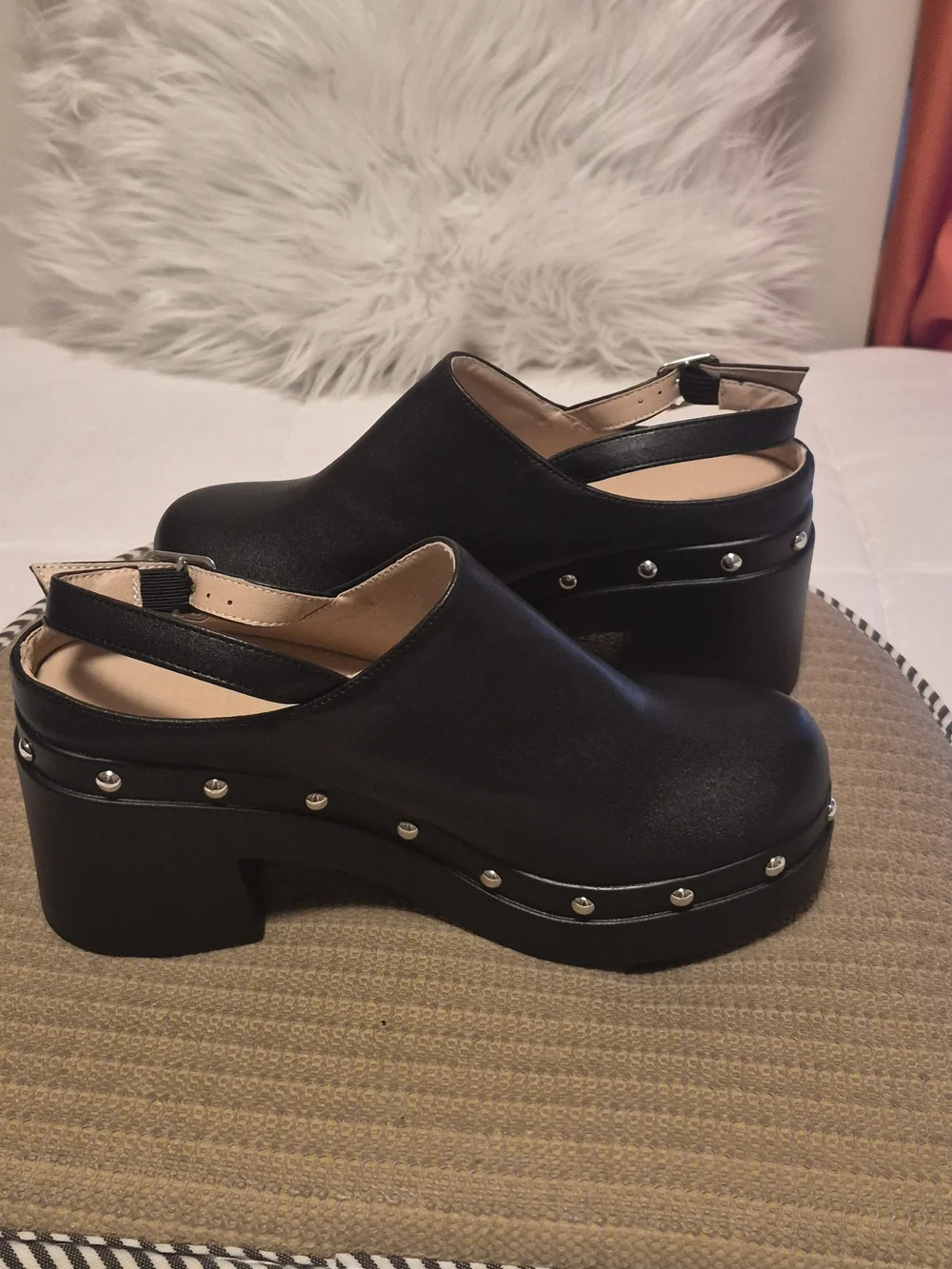 Black Studded Platform Slingback Clogs - Women's